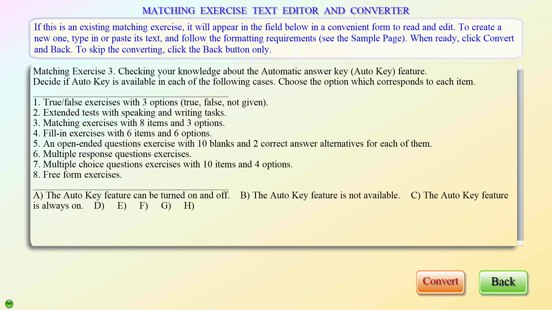 Matching Exercise Text Editor